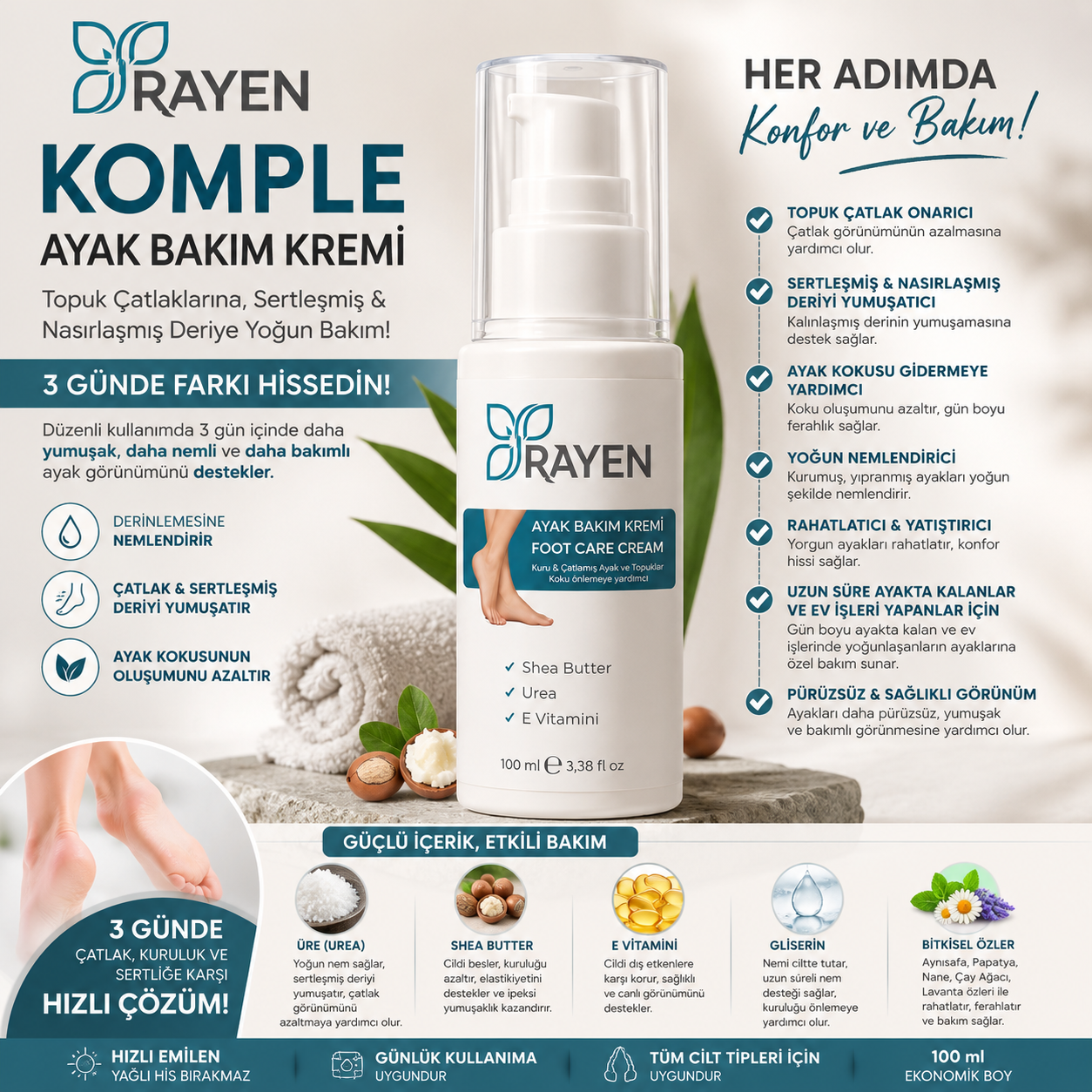 Rayen Komple Ayak Bakım Kremi 100 ml - Topuk Çatlaklarına, Sertleşmiş ve Nasırlaşmış Deriye, Ayak Kokusuna Karşı Yoğun Bakım ve Derinlemesine Nem Desteği