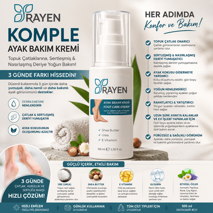 Rayen Komple Ayak Bakım Kremi 100 ml - Topuk Çatlaklarına, Sertleşmiş ve Nasırlaşmış Deriye, Ayak Kokusuna Karşı Yoğun Bakım ve Derinlemesine Nem Desteği